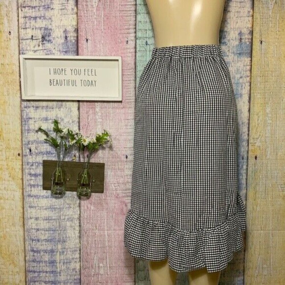 Ruffle Wrap Midi in Black White Gingham Plaid High Low Mid Rise Modest Skirt - Picture 4 of 5